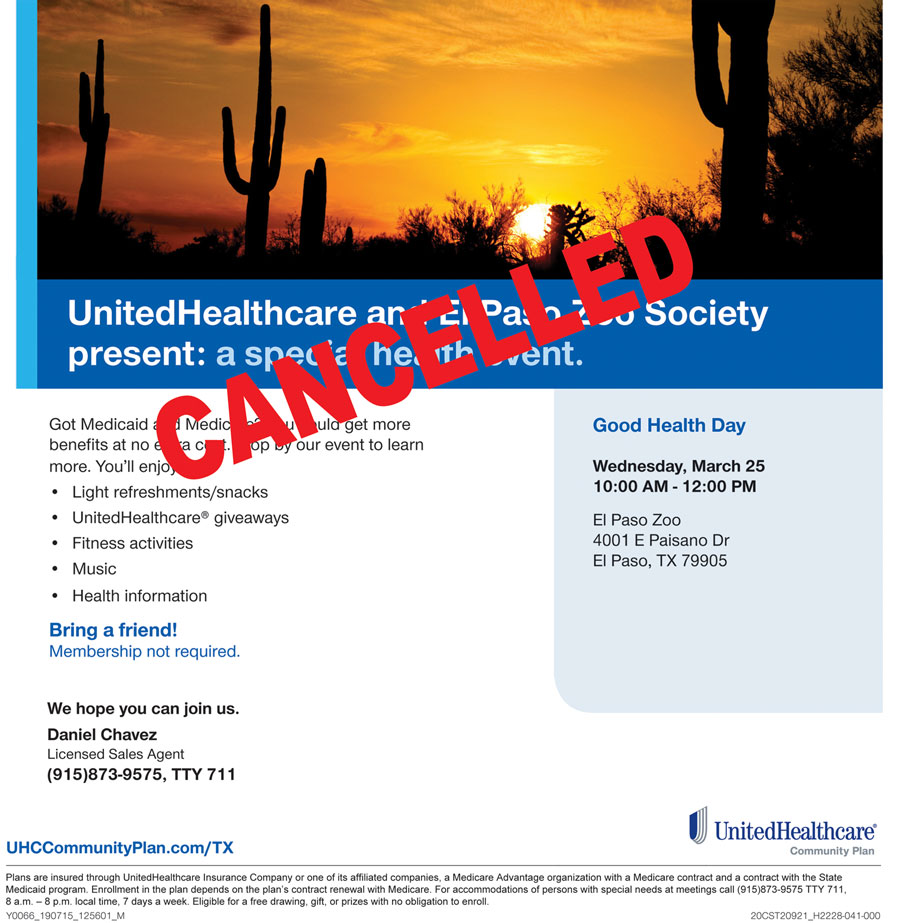 cancelled UnitedHealthcare and El Paso Zoo Society special health event