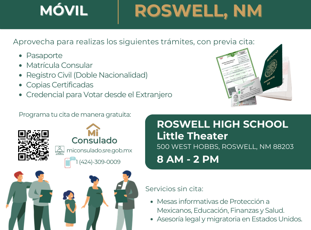 El Consulado General de México en El Paso brindará servicios  en la ciudad de Roswell, NM