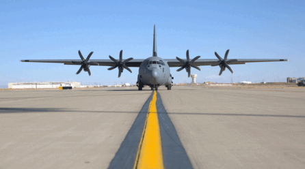 A C-130 Hercules arrives at Biggs Army Airfield, Fort Bliss, Texas